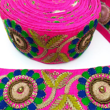 Fuchsia Art Silk Lace Trim, Floral Embroidery in Green and Blue, Hand Embroidered Border with Antique Gold beads and Gold Sequins